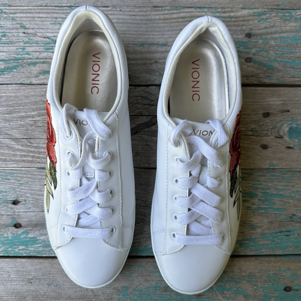 Vionic Syra Leather Sneakers Shoes White Size 9 Red Roses Flower Embroidered EUC - Picture 2 of 9